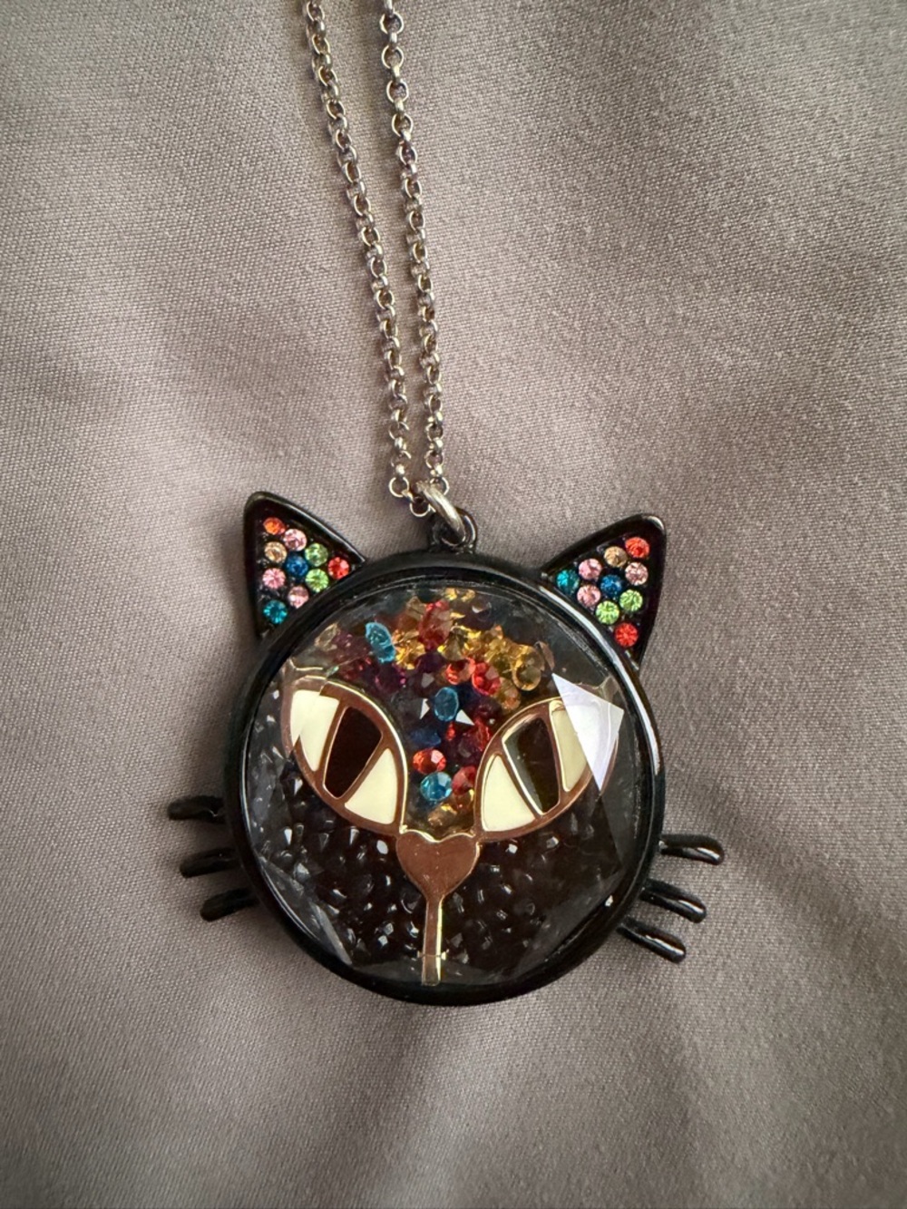 Betsey Johnson Black Cat Pendant Necklace with Multicolor Rhinestones
